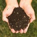 Persoon houdt 2 handen vol compost boven een grasveld